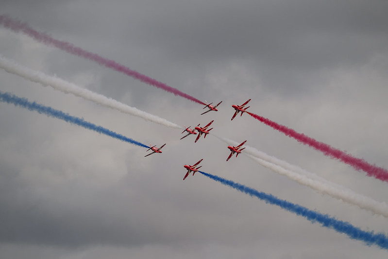 Formation aerobatic team trailing red, white and blue smoke